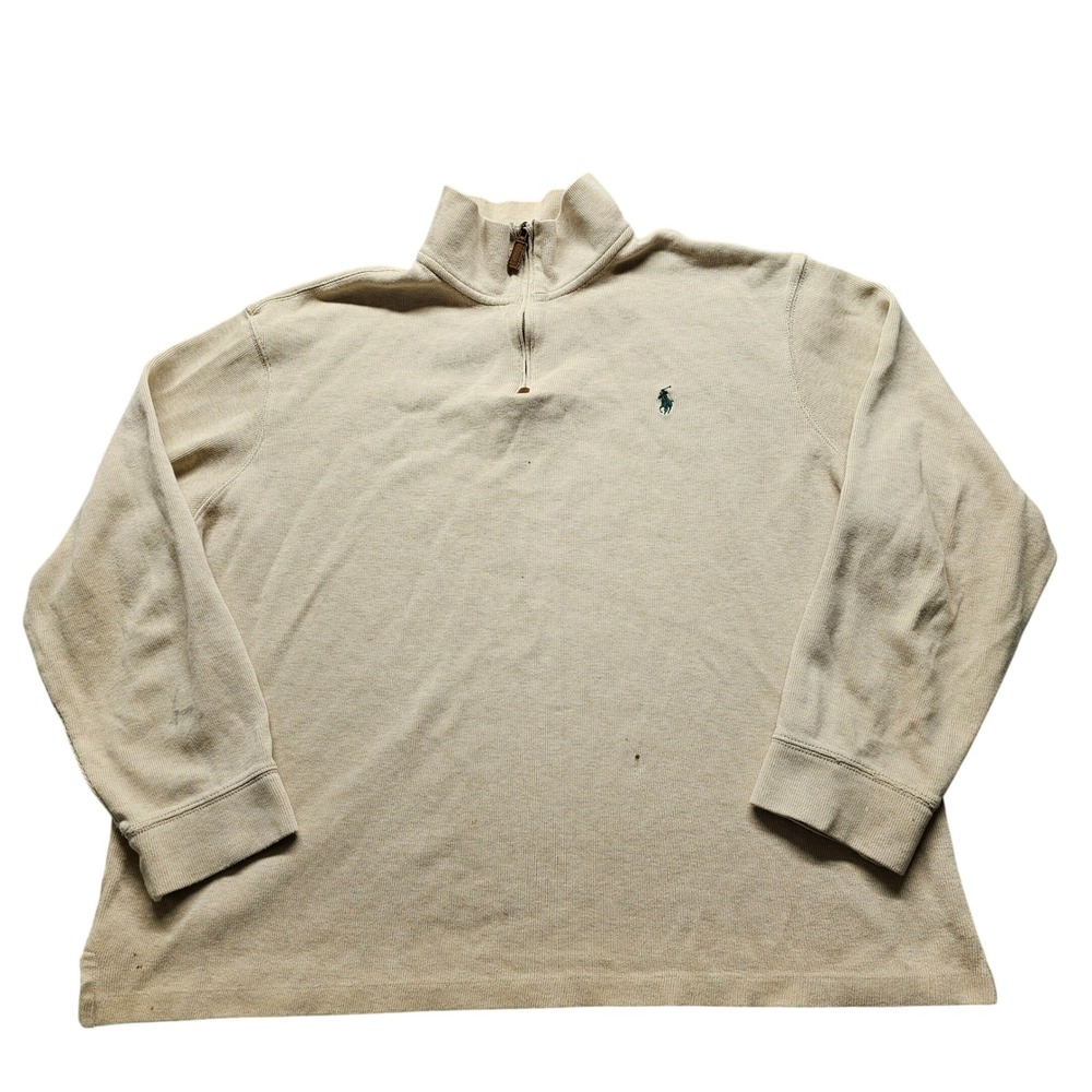 Polo Ralph Lauren Quarter Zip Pullover Mens XL Beige Tan Ribbed Cotton Sweater